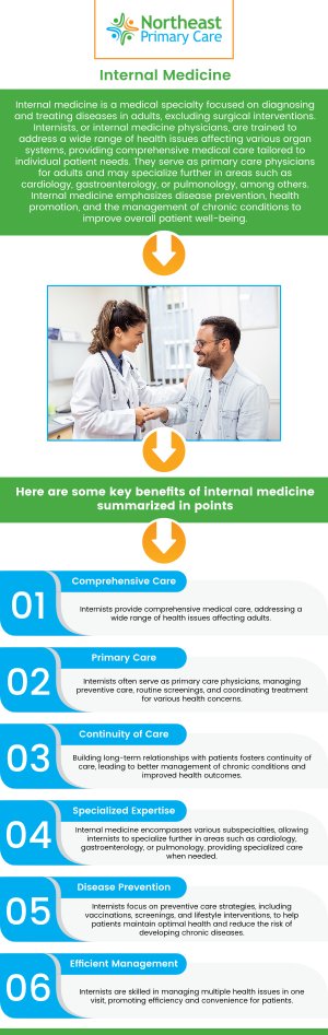 Internists are doctors who specialize in diagnosing and treating a wide range of adult health conditions. At Northeast Primary Care, our professional team provides personalized internal medicine services in a comfortable and supportive setting. We focus on building lasting relationships with our patients to help them maintain long-term health and wellness with care they can trust. For more information, contact us or schedule an appointment online. We are conveniently located at 366 N Broadway Suite LW-2-A, Jericho, NY 11753.