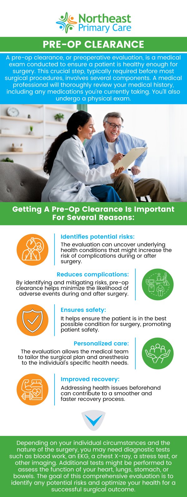 A pre-op physical exam is a crucial step in ensuring you're in the best possible health before undergoing surgery. At Northeast Primary Care, we offer thorough evaluations, including a detailed review of your medical history, necessary tests, and addressing any concerns to make sure you're fully prepared for your procedure. Our professional team is dedicated to prioritizing your health and safety every step of the way. Contact us today for more information or schedule an appointment. We are conveniently located at 150 Broadhollow Rd, Suite 120-A, Melville, NY 11747. A pre-op physical exam is a crucial step in ensuring you're in the best possible health before undergoing surgery. At Northeast Primary Care, we offer thorough evaluations, including a detailed review of your medical history, necessary tests, and addressing any concerns to make sure you're fully prepared for your procedure. Our professional team is dedicated to prioritizing your health and safety every step of the way. Contact us today for more information or schedule an appointment. We are conveniently located at 150 Broadhollow Rd, Suite 120-A, Melville, NY 11747.