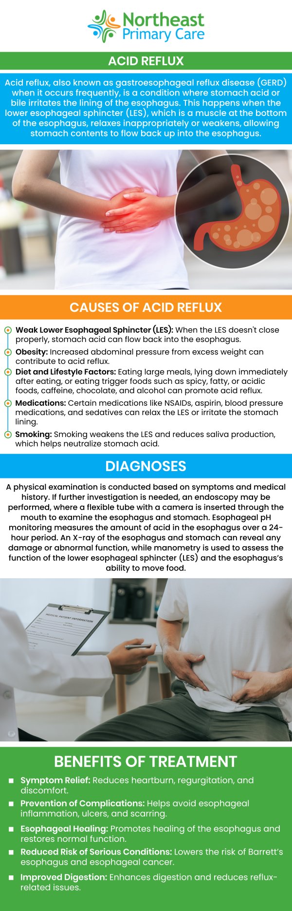 Acid reflux can cause uncomfortable symptoms that affect daily activities, eating habits, and overall quality of life. At Northeast Primary Care, we focus on patient-centered care by reviewing your health history, lifestyle factors, and symptoms to support effective long-term digestive wellness. Our professional medical team provides comprehensive evaluations to understand your symptoms, identify possible triggers, and develop a personalized approach to help manage acid reflux concerns. We help patients receive guidance and ongoing care for acid reflux management with a focus on improving comfort and overall health. Contact us today for more information or schedule an appointment. We are conveniently located at 150 Broadhollow Rd, Suite 120-A, Melville, NY 11747.